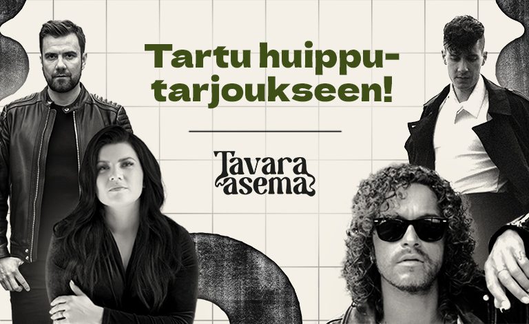 Kollaasimaisessa kuvassa Antti Ketonen, Suvi Teräsniska, Pete Parkkonen ja Frans Harju. Ruudullisen taustan päällä vihreä teksti "Tartu huipputarjoukseen!"
