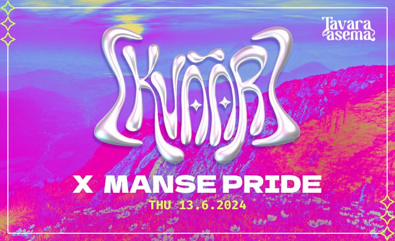 Pinkin, violetin ja sinisen sävyisellä taustalla hopeinen [KVÄÄR]-logo. Sen alla tekstit "Manse Pride" ja "Thursday 13.6.2024"