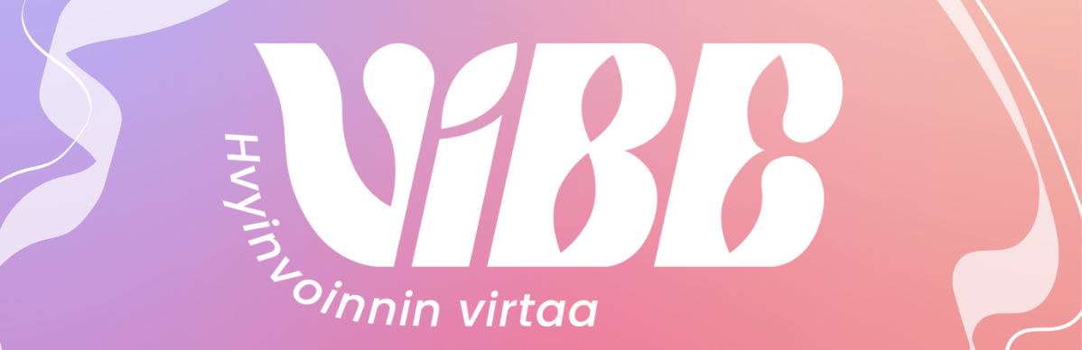 Violetin ja vaaleanpunaisen sävyinen banneri, jonka keskellä valkoinen teksti "VIBE - hyvinvoinnin virtaa".