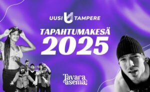 Violetinvärinen banneri, jonka reunoilla mustavalkoisissa kuvissa artistit Yeboyah, Good Boys ja Jaakko Kulta. Keskellä valkoisella värillä teksti "Uusi Tampere, tapahtumakesä 2025".